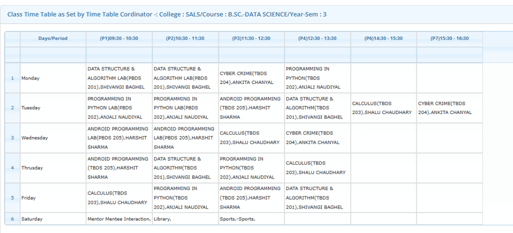 Uttaranchal University UU ERP Timetable grid showing Days/Period P1 to P7 and Monday to Friday subject slots